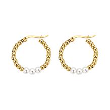 Stately Steel Stainless Steel Simulated Pearl Bead Hoop Earrings