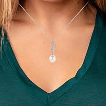 Sterling Silver Pearl & Created White Sapphire Leaf Drop 18" Necklace