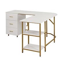 Techni Mobili L-Shape Home Office Desk with Storage, Gold