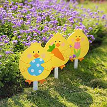 Wooden 3-piece Easter Chick Pick Yard Stakes
