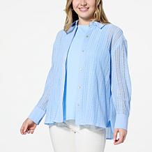 WynneCollection Woven Crochet Button-Down Shirt
