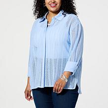 WynneCollection Woven Crochet Button-Down Shirt