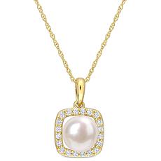 10K 7-7.5mm Pearl and Created White Sapphire Halo Pendant with Chain