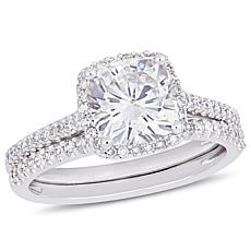 14K White Gold Cushion-Cut Moissanite and Diamond Halo Bridal Ring Set