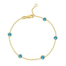 14K Yellow Gold Blue Topaz Station 7" Chain Bracelet 