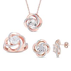 18K Rose Gold-Tone White Topaz Open Swirl Pendant, Ring and Earrings