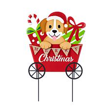 23.5"H Metal Christmas Yard Stake with Dog and Gift Cart