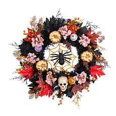 24-in Skulls and Pumpkins Wreath by Nearly Natural