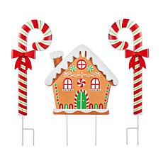 33"H Metal Christmas Yard Stake with Gingerbread House & Candy Canes