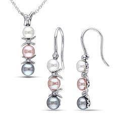 4-6mm Multi-Color Cultured Pearl and Diamond Pendant and Earrings Set