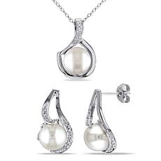 9-9.5mm Cultured Pearl and Diamond Twist Pendant and Earrings Set
