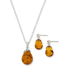 Amber Extraordinaire Amber Pear-Drop Pendant and Earrings Set