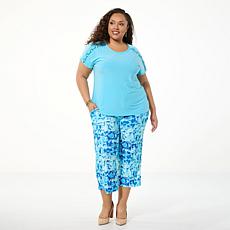 Antthony 2-piece Cap-Sleeve Top & Printed Pull-On Pant Set