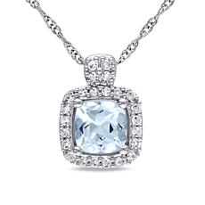 Aquamarine & Diamond Cushion Pendant with 14K Chain