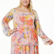 "As Is" Antthony Off-the-Shoulder Printed Tulle Mesh Knit Top