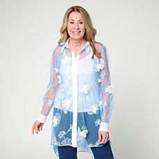 "As Is" C Wonder 3D Applique Tulle Button-Front Tunic Top