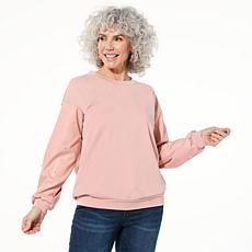 "As Is" Colleen Lopez French Terry Pullover with Faux Leather Sleeves