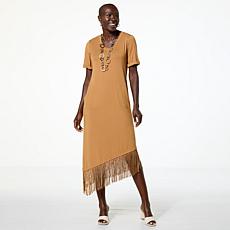 "As Is" Colleen Lopez Knit Everywhere T-Shirt Dress with Fringe Hem