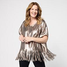 "As Is" Colleen Lopez Knit Sequin V-Neck Top with Fringe