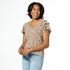 "As Is" Democracy 3-Tiered Bell Sleeve Printed Slub Knit Top