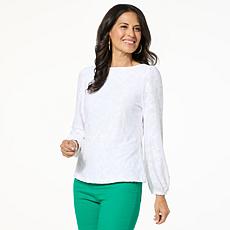 "As Is" DG2 by Diane Gilman Boat Neck Lantern Sleeve Blouse