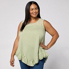 "As Is" DG2 by Diane Gilman Cotton Modal Slub-Embellished Ruffle Ta...