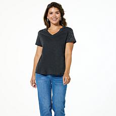 "As Is" DG2 by Diane Gilman Embellished Rhinestone V-Neck Short Sle...
