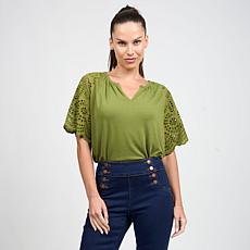 "As Is" DG2 by
Diane Gilman Embroidered Eyelet Sleeve Mixed Media Tee