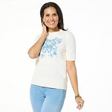 "As Is" DG2 by Diane Gilman Embroidered Short-Sleeve SoftEase Sweater