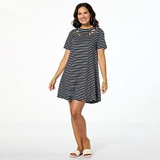"As Is" DG2 by Diane Gilman Embroidered Striped Knit Swing Dress