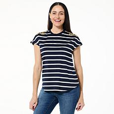 "As Is" DG2 by Diane Gilman Embroidered Striped Knit Tee
