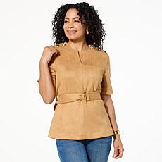 "As Is" DG2 by Diane Gilman Faux Suede Button Detail Belted Tunic