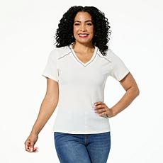 "As Is" DG2 by Diane Gilman Knit Plissé V-Neck Top with Studded Trim
