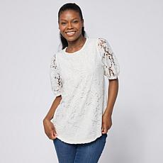 "As Is" DG2 by Diane Gilman Lace Eyelet Embroidered Puff-Sleeve Top