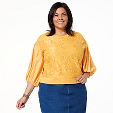 "As Is" DG2 by Diane Gilman Lace-Front 3/4 Lantern Sleeve Blouse