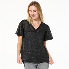 "As Is" DG2 by Diane Gilman Mesh Knit Flutter-Sleeve Sweater with S...