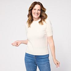 "As Is" DG2 by Diane Gilman Pointelle SoftEase Knit Puff-Sleeve Swe...