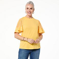 "As Is" DG2 by Diane Gilman Sheer Flutter-Sleeve Top