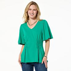 "As Is" DG2 by Diane Gilman Shirred Flutter-Sleeve Top