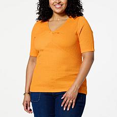 "As Is" DG2 by Diane Gilman Smocked Knit Front Twist V-Neck Top