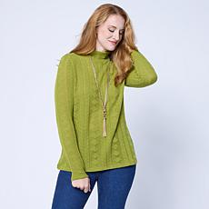 "As Is" DG2 Pointelle Knit Mock Neck Long Sleeve Top