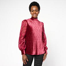 "As Is" Diane Gilman Embroidered Tulle Sleeve Mock Neck Top