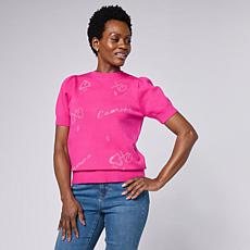 "As Is" Diane Gilman Softease Embellished Puff Sleeve Sweater