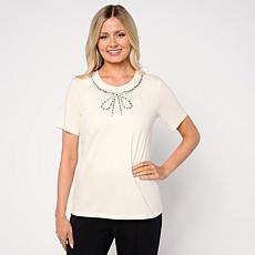 "As Is" G by Giuliana Knit Top with Rhinstone Bow Neckline