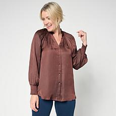 "As Is" G by Giuliana Woven Button Front Blouse with Ruffle Detail