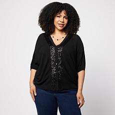 "As Is" Jaclyn Smith Dolman Sleeve Sequin Trim Cocoon Cardigan