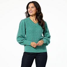 "As Is" Jaclyn Smith Pointelle V-Neck Puff Sleeve Sweater