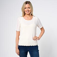 "As Is" Jaclyn Smith Shiny Ribbed Knit Pointelle Sweater with Detac...