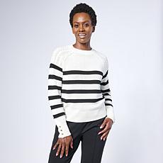 As Is Jaclyn Smith Striped Raglan Cable Knit Crew Neck Sweater