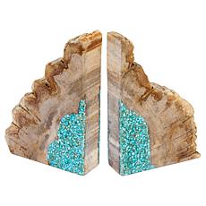 "As Is" KALIFANO Petrified Wood Turquoise-Color Howlite Edge Bookends